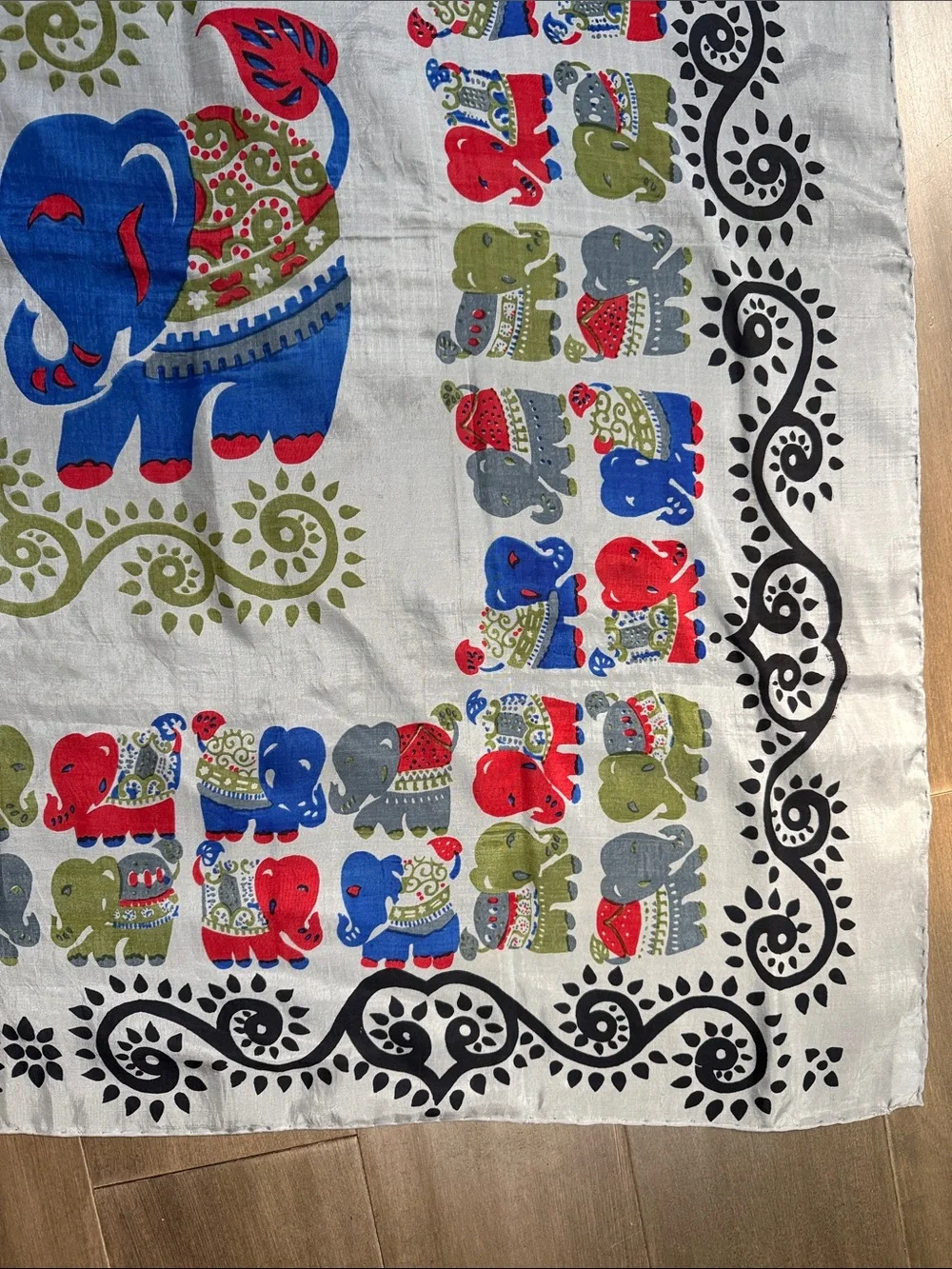 Vintage 100% Thai Silk Scarf Elephant Motif Colorful Square Wrap